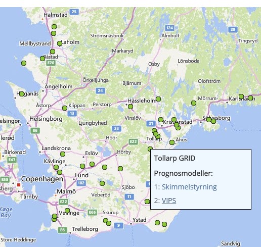 Bild på karta över Skåne med prognospunkter utsatta i form av gröna prickar